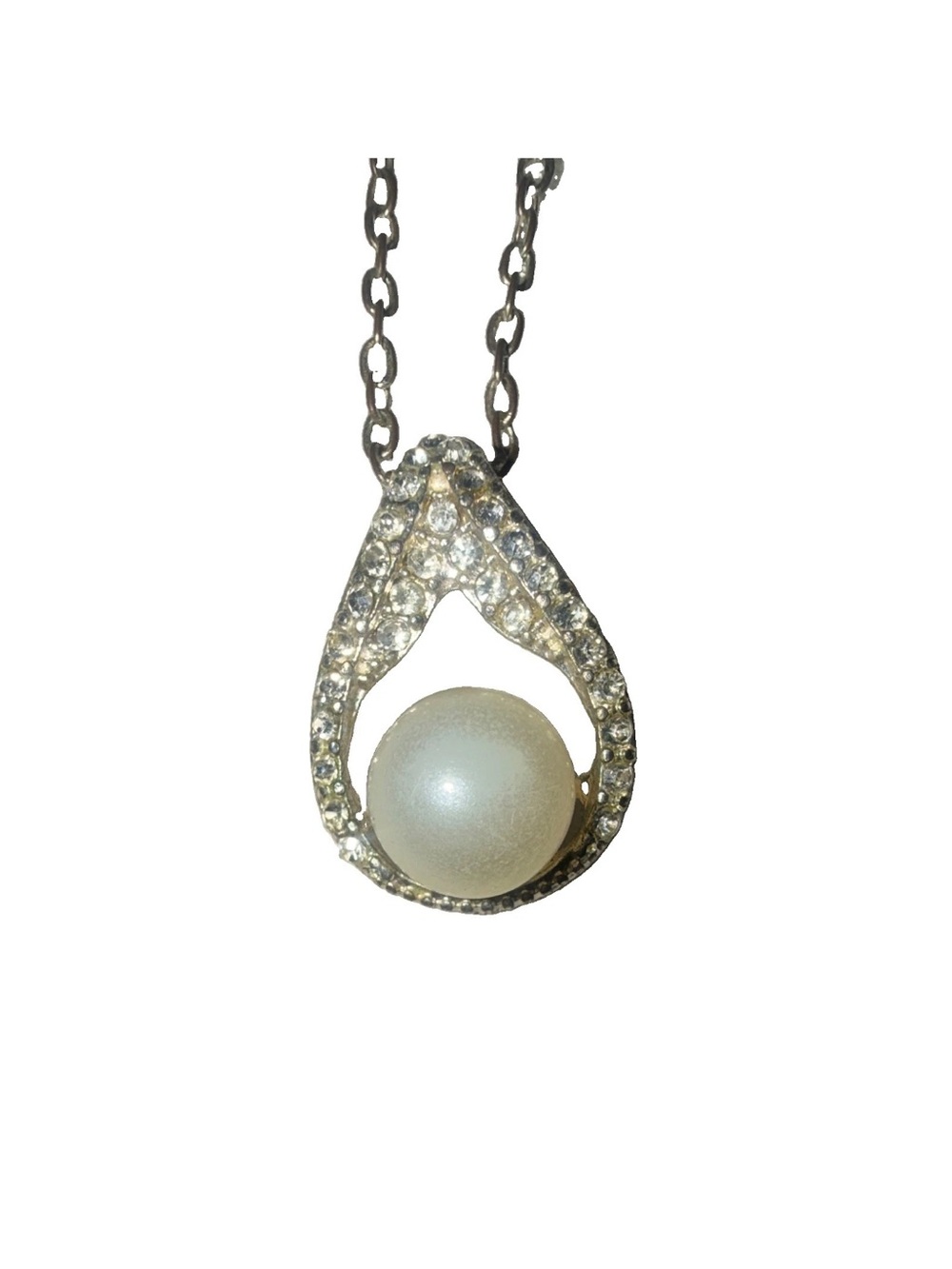 Pearl and Crystal Teardrop Necklace - White Pearl Pendant